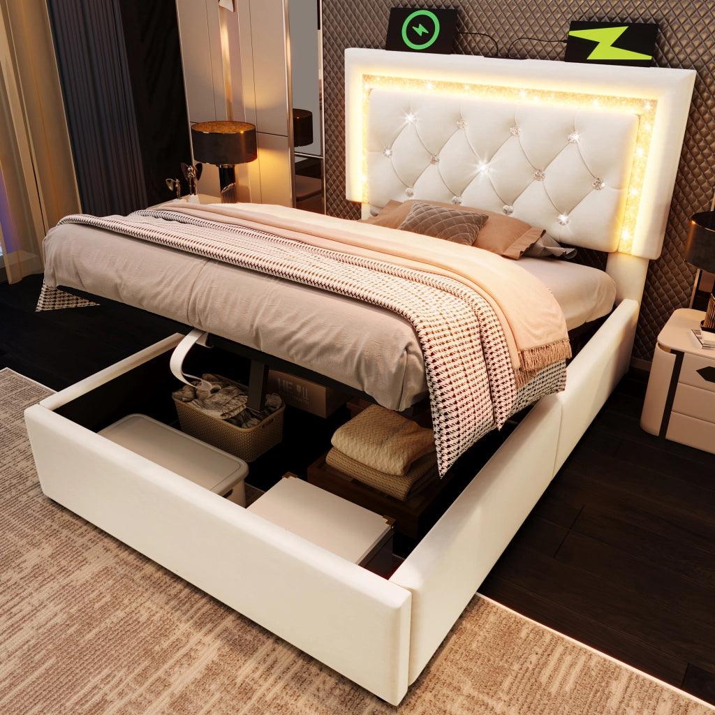 Letto imbottito idraulico con LED e USB 90x200 cm velluto beige