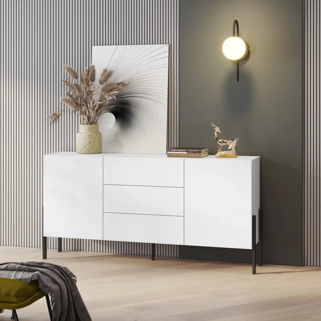 Buffet SALMA 2 porte & 3 cassetti Push-to-Open – Bianco Super Opaco & Nero Opaco, 184×90×40 cm