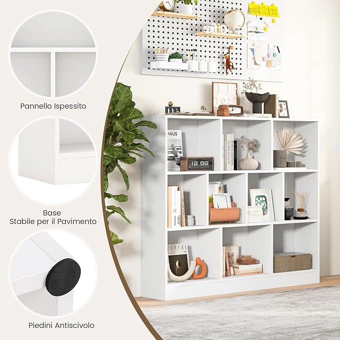 Libreria a 10 Cubi, Organizzatore di Stoccaggio a 3 Ripiani con 2 Kit Anti-Ribaltamento, Scaffale Multiuso in Legno per Soggiorno Camera da Letto Ufficio, 120x24x104 cm (Bianco)