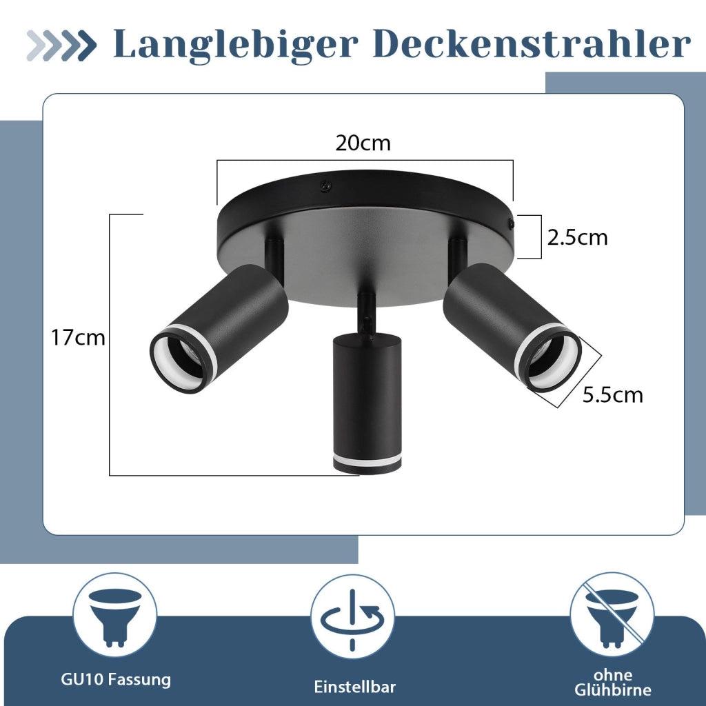 ZMH Faretto da soffitto neri 3 luci GU10 metallo orientabili moderni per camera letto sala pranzo senza lampadina
