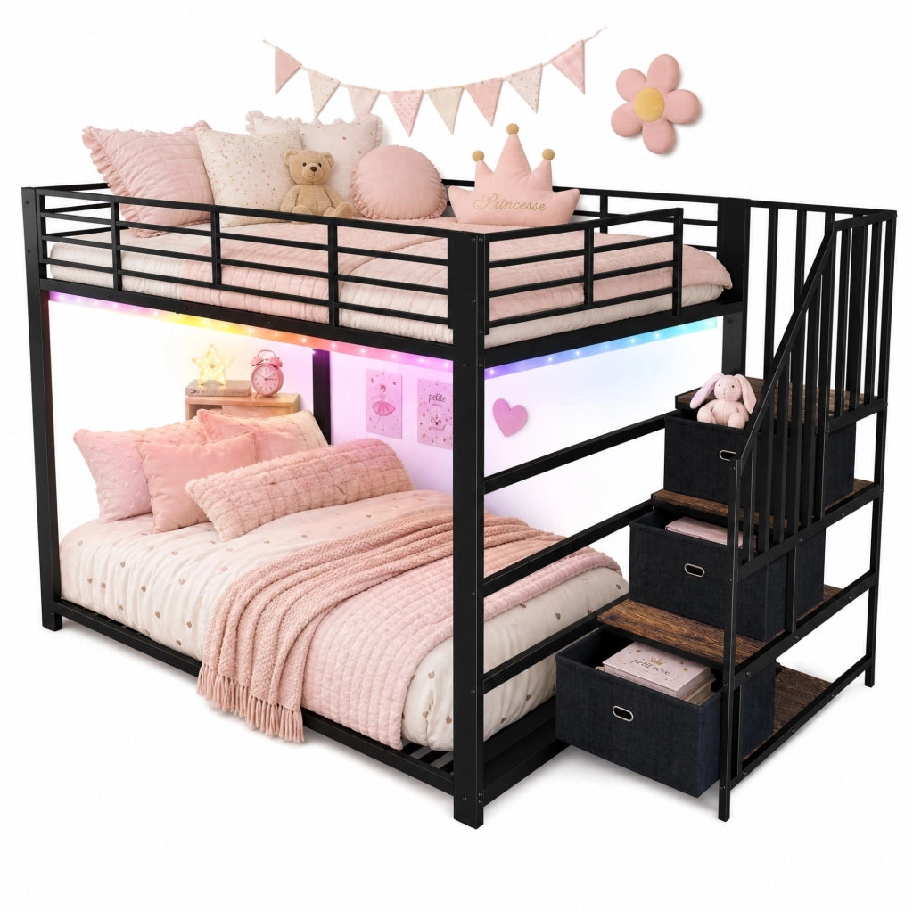 Letto a castello 140x200 cm in metallo e MDF nero con scala contenitore; LED e prese USB