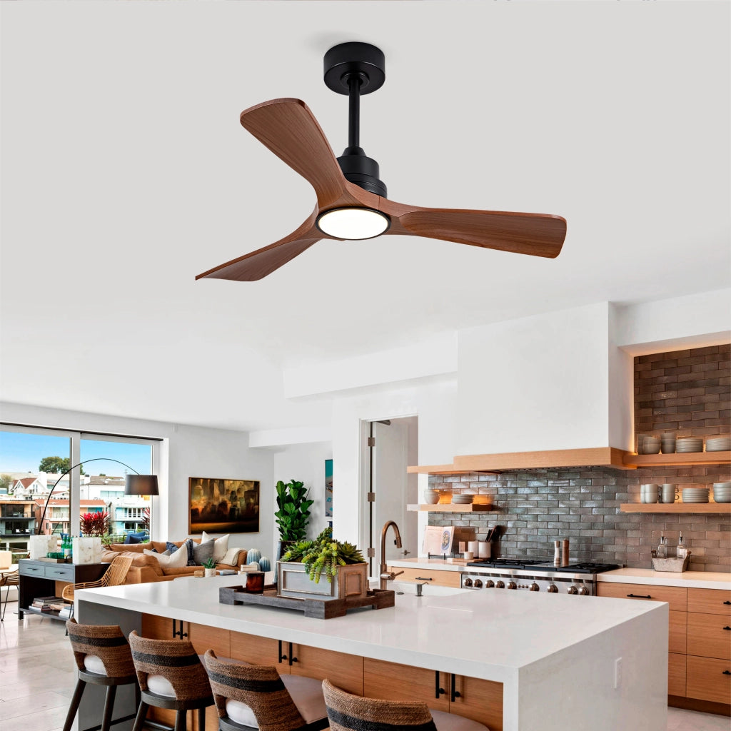 Ventilatore da soffitto 42 pollici con luce e telecomando, dimmerabile, design moderno color noce, motore DC silenzioso, per terrazze e uffici