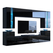 Set di mobili da soggiorno neri sospesi collezione CEPTO XXIV. 256 cm, 8 pezzi, led, modulari.