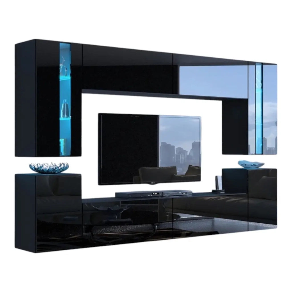 Set di mobili da soggiorno neri sospesi collezione CEPTO XXIV. 256 cm, 8 pezzi, led, modulari.