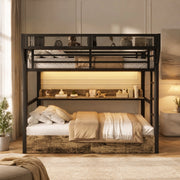 Letto a castello 90 × 200 cm 1 posto con ripiano, cestino, 2 cassetti e LED, senza materasso, in metallo MDF, nero
