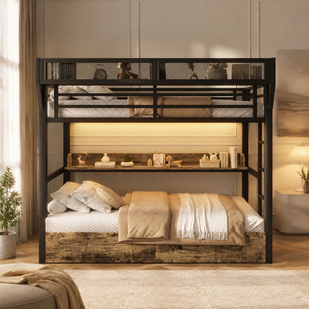 Letto a castello 90 × 200 cm 1 posto con ripiano, cestino, 2 cassetti e LED, senza materasso, in metallo MDF, nero