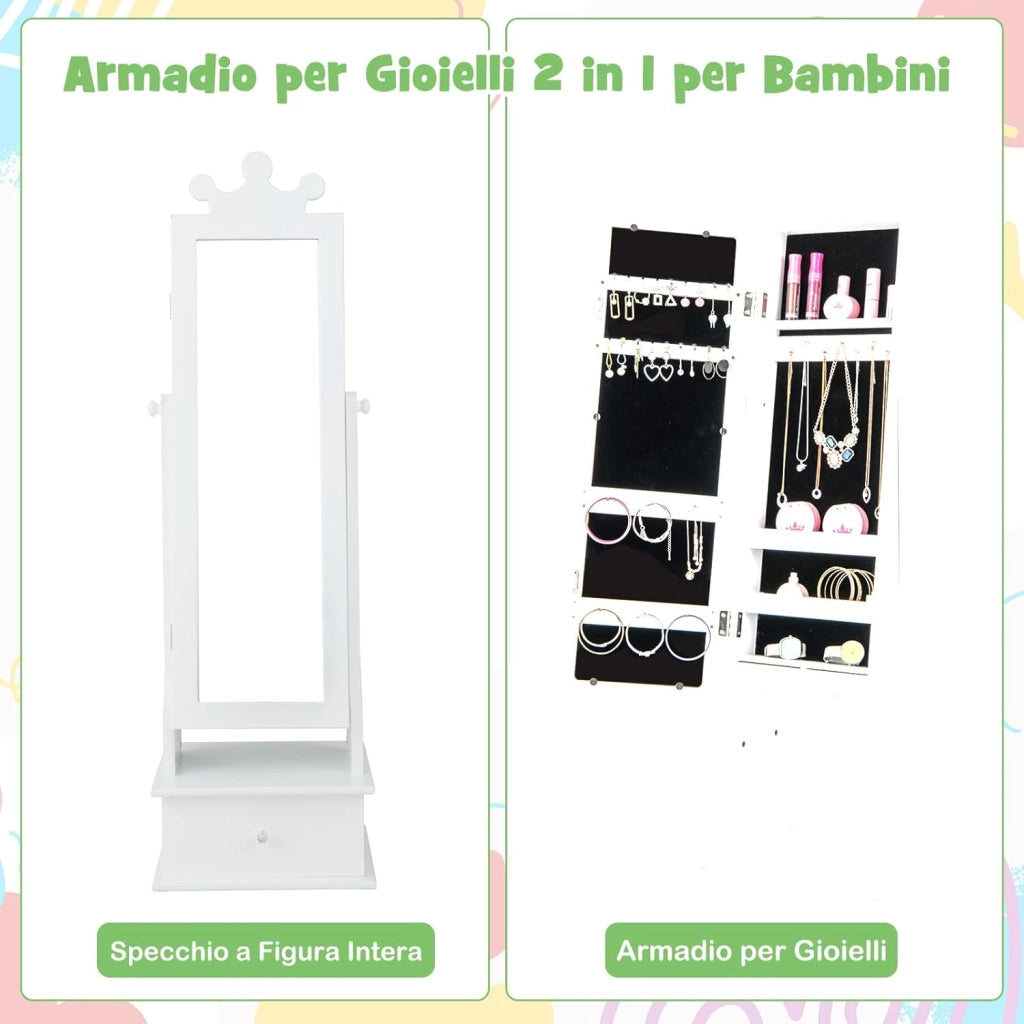 Armadio Gioielli per Bambini 3+ Anni con Specchio, Armadietto Portagioie da Terra con 3 Cassetti, Ideale per Camera da Letto (Bianco)