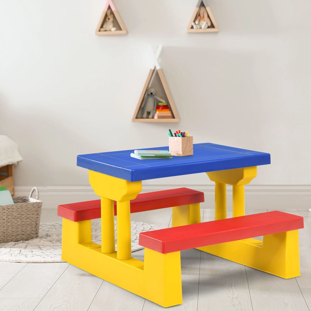 Tavolo da picnic per bambini con parasole pieghevole Set di tavolo e panche per giardino 67x41x47cm Colorato