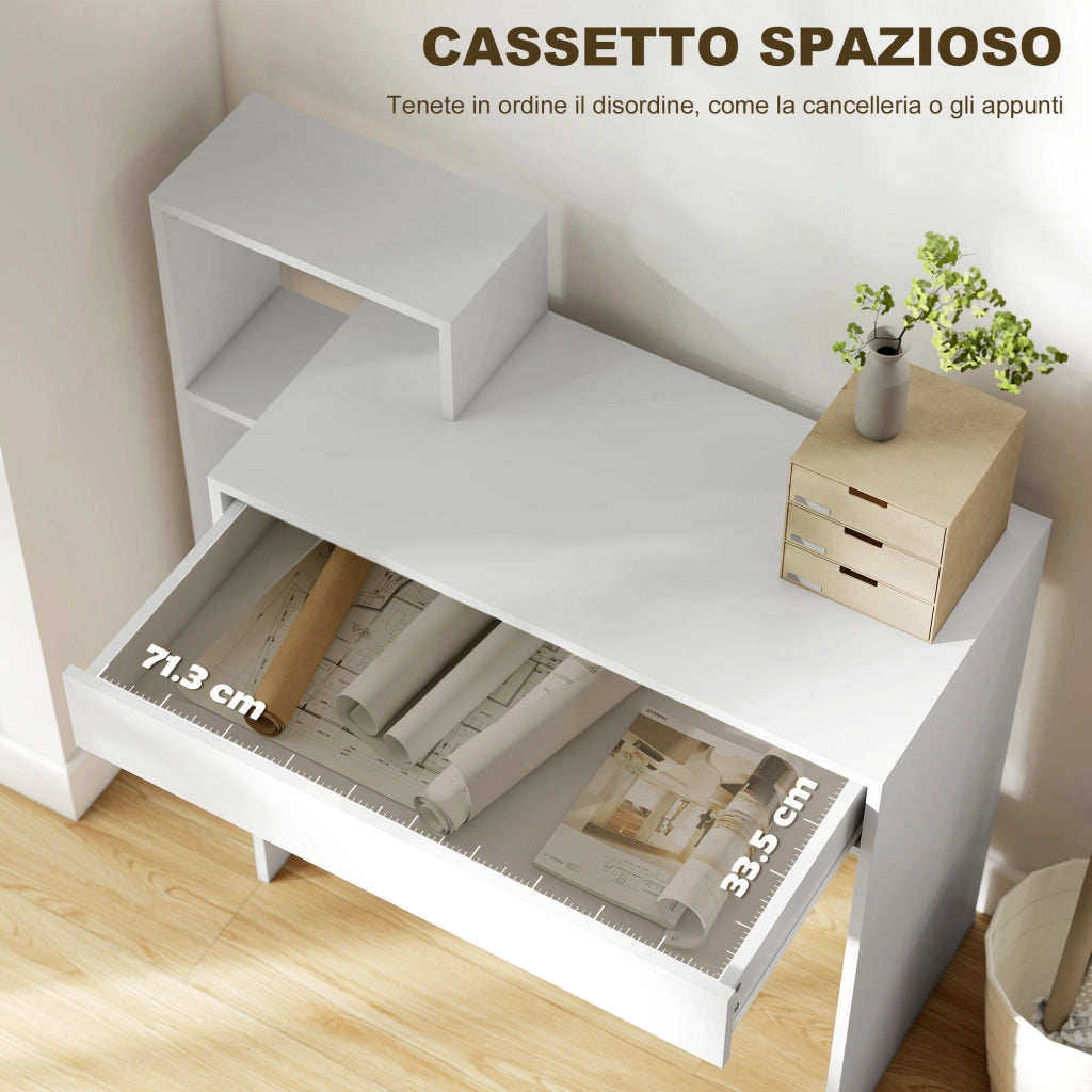 Scrivania PC Moderna con 3 Ripiani Aperti e Cassetto ¨C zephmum ¨C Legno Bianco 100x40x90