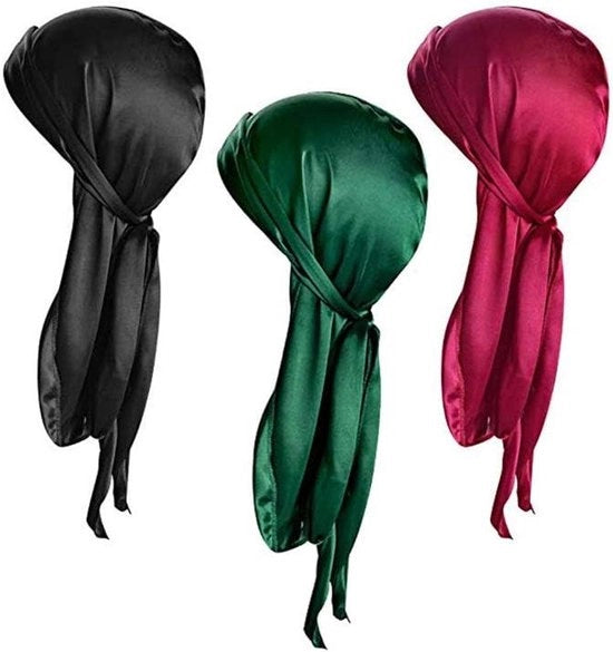 Set di 3 bandane a coda lunga in nero, verde smeraldo e rosso vino - Per uomini, donne e stile hiphop - Durags in seta 100 cm - Decorazione quotidiana