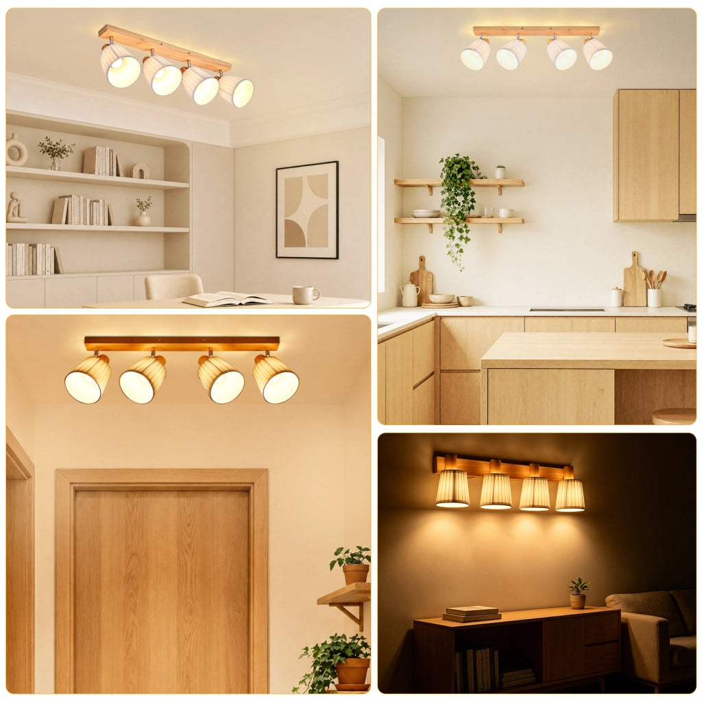 ZMH Faretto da soffitto 4 Luci Legno E14 Boho Bianco Tessuto Orientabile 350¡ã per Corridoio Soggiorno Senza Lampadina