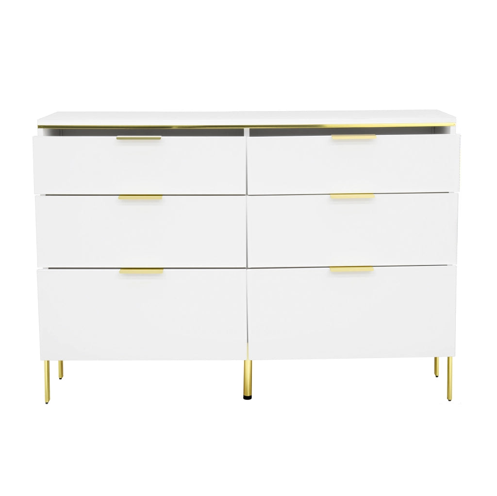 Madia 120x40x85.5 cm con 6 cassetti; frontali lucidi e dettagli dorati; in truciolato; bianco