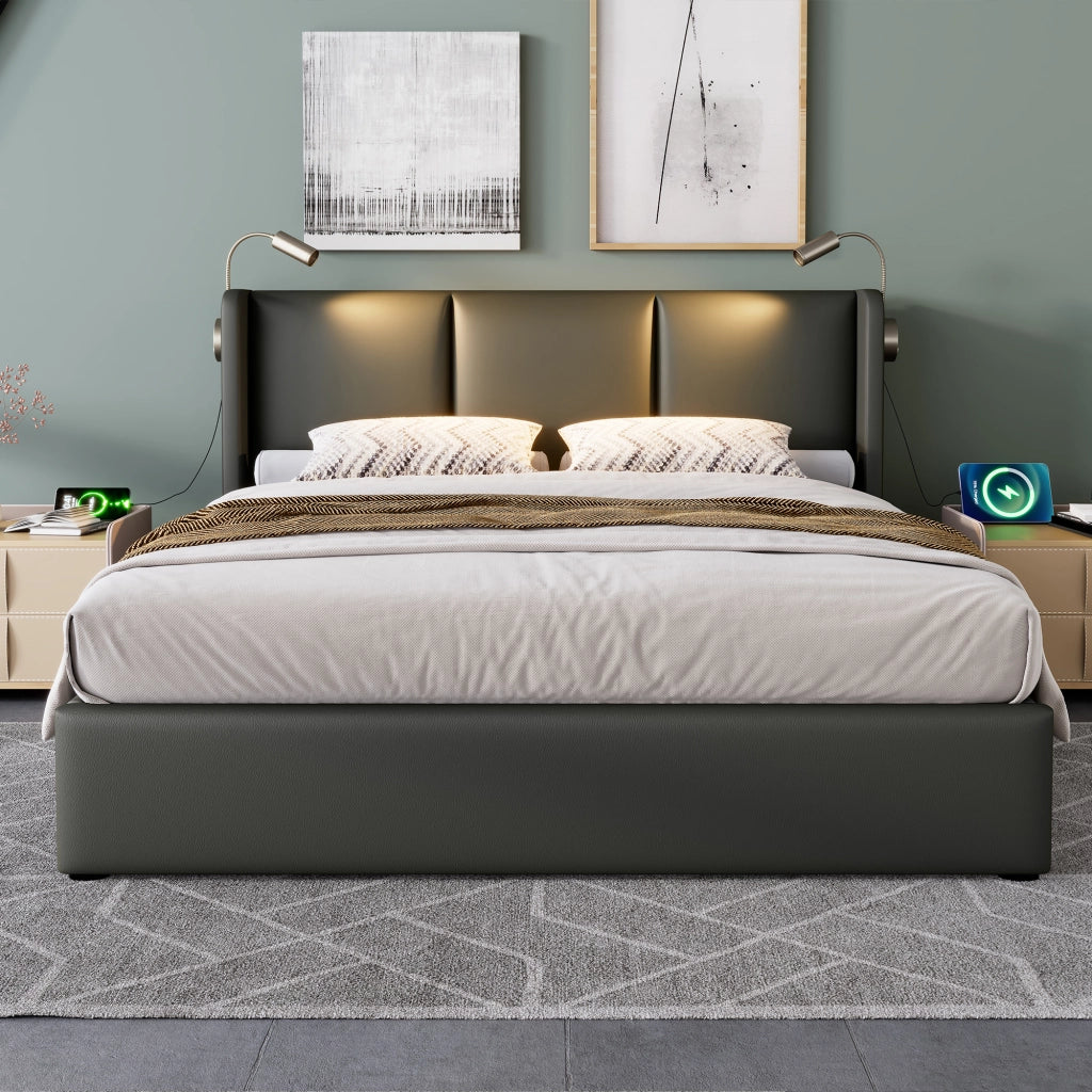 OKWISH Letto Contenitore 140×200 cm, Letto Matrimoniale con Vano, Lampada da Lettura, USB e Tipo C, senza Materasso, in PU, Grigio