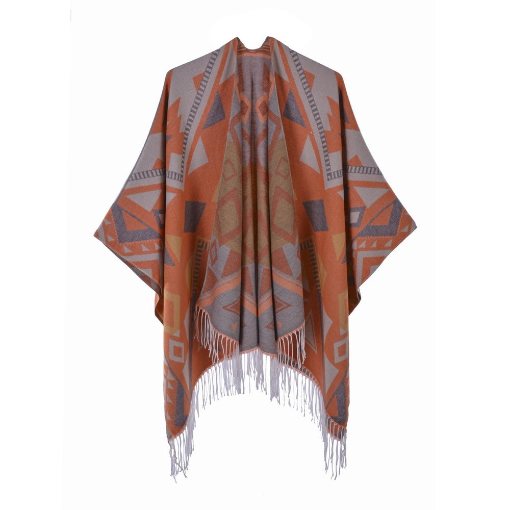 Sciarpa/mantella da donna con spacco e nappe, double face, in cashmere, spessa, calda, taglia grande