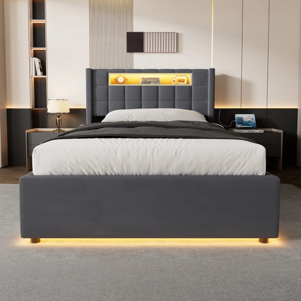 Letto singolo imbottito 90 x 200 cm in velluto grigio con contenitore idraulico, LED e porte USB/Type-C
