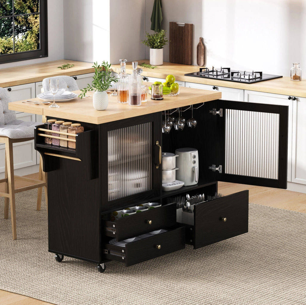 Isola cucina 100x42-70x91.5 cm con piano estendibile e ruote in MDF nero e naturale