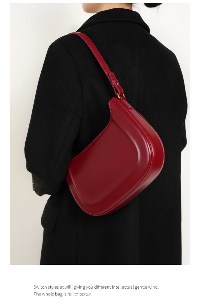 Borsa a tracolla da donna in vera pelle, modello Crescent, alla moda, colore rosso.