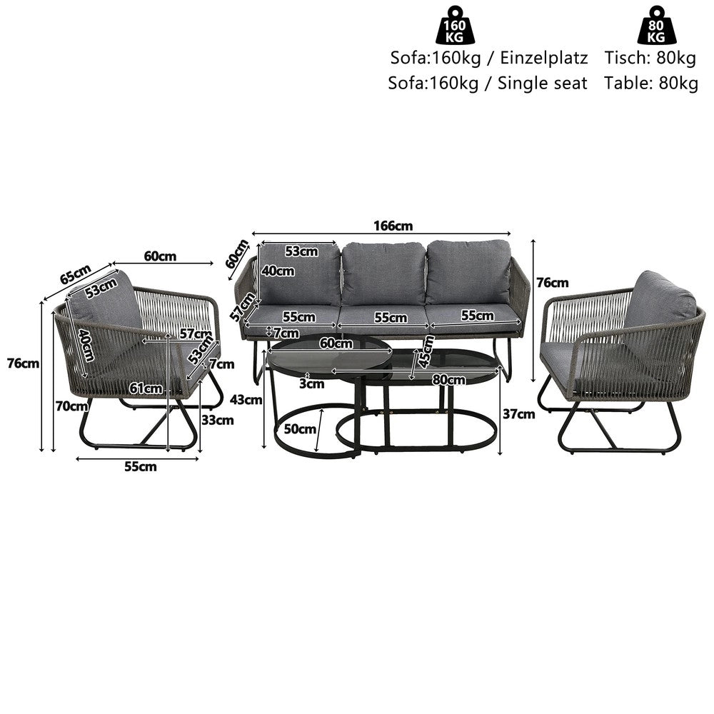 Set Lounge da Giardino 5 Pezzi con Cuscini ¨C Xylo ¨C Corda e Vetro, Grigio