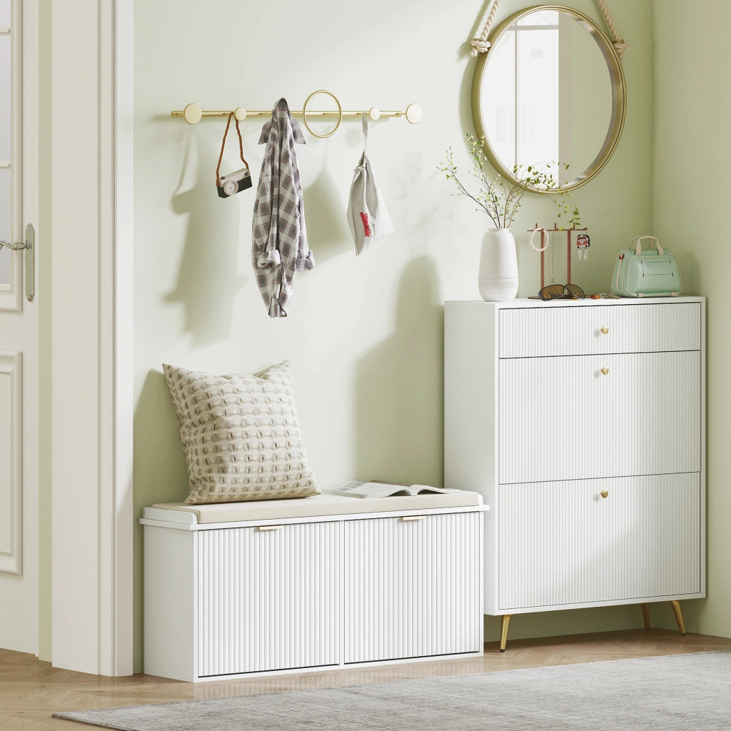 Banca porta scarpe con cuscino e cassetto ¨C Zephmum ¨C Bianco 104x26x47.5 cm