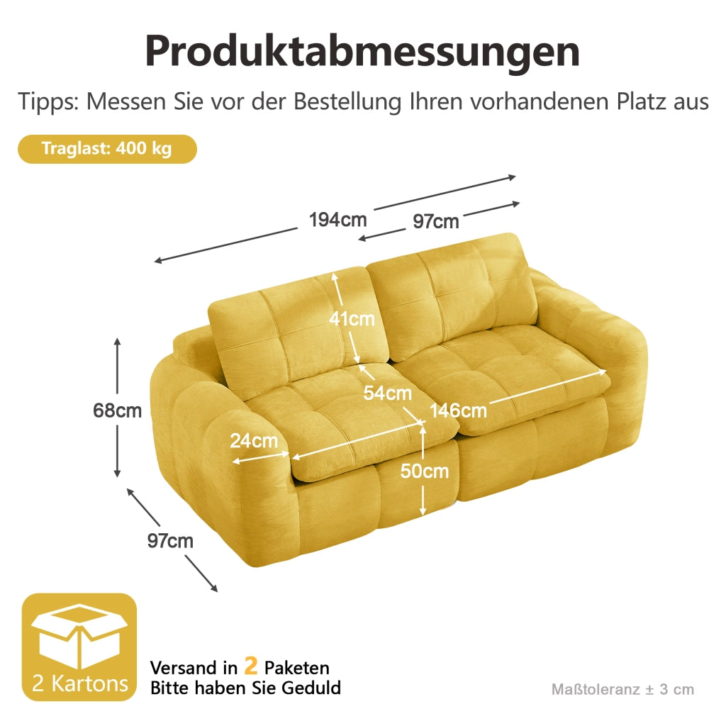 Divano modulare a 2 posti in chenille con seduta profonda e design ergonomico senza montaggio giallo 194 × 97 × 68 cm
