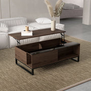 Tavolino da salotto alzabile 102x58x35,5 cm con vano contenitore, struttura in acciaio, effetto noce
