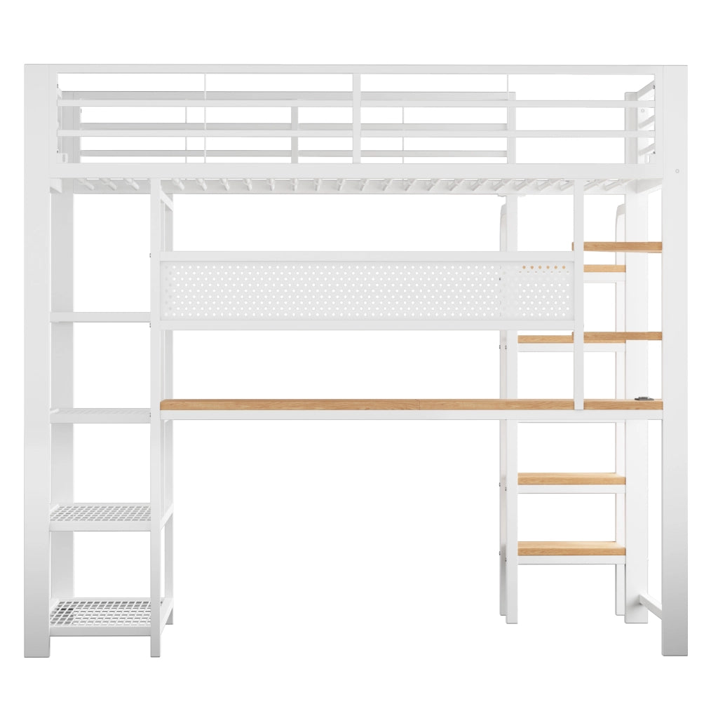 Letto a soppalco singolo 90×200 cm con LED; prese; scrivania; ripiani e scala; senza materasso; metallo; bianco