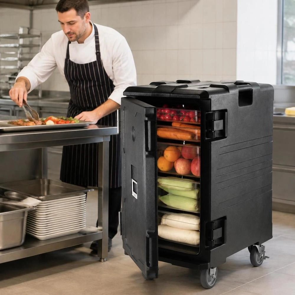 Insulated Food Container Carrier, Front Loader, Catering Box With Wheels, 103 L, Black