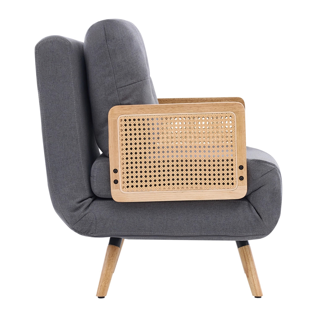 Poltrona letto 3 in 1 in tessuto lino grigio con schienale regolabile e braccioli in rattan