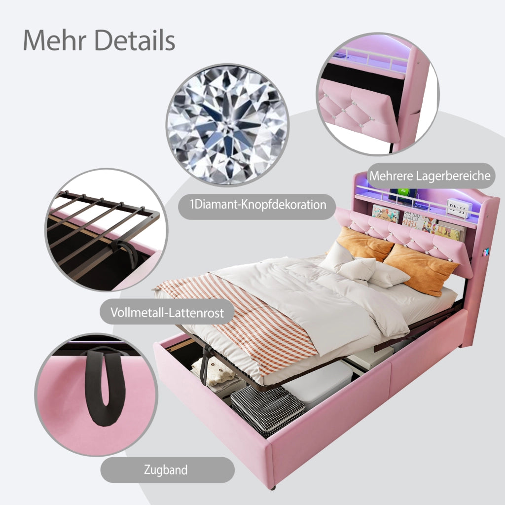 Letto bambino imbottito singolo 90×200 cm con contenitore; LED; USB e Type-C; senza materasso; velluto; rosa