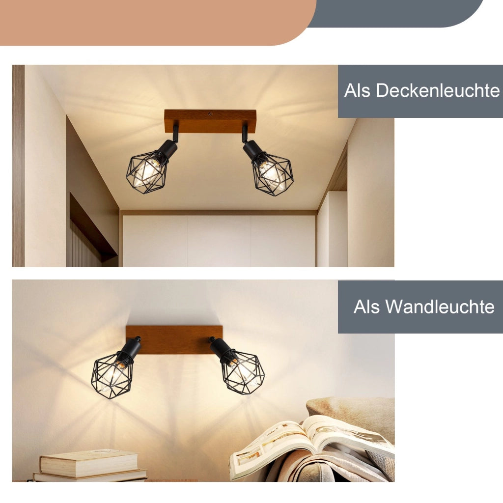 ZMH Faretto da soffitto neri 2 luci legno E14 vintage per soggiorno