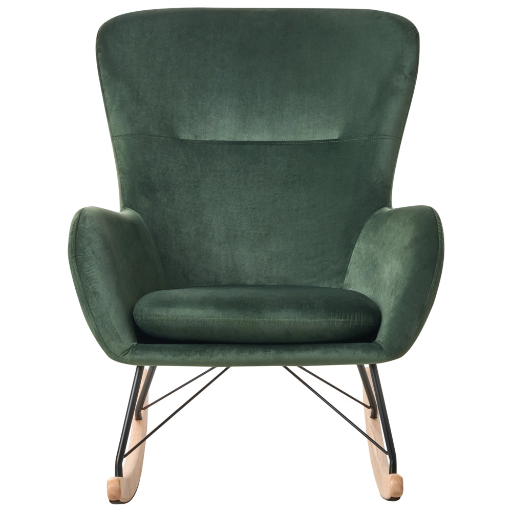 Sedia A Dondolo Velluto Verde Scuro Gambe In Metallo Pattini In Legno Moderni