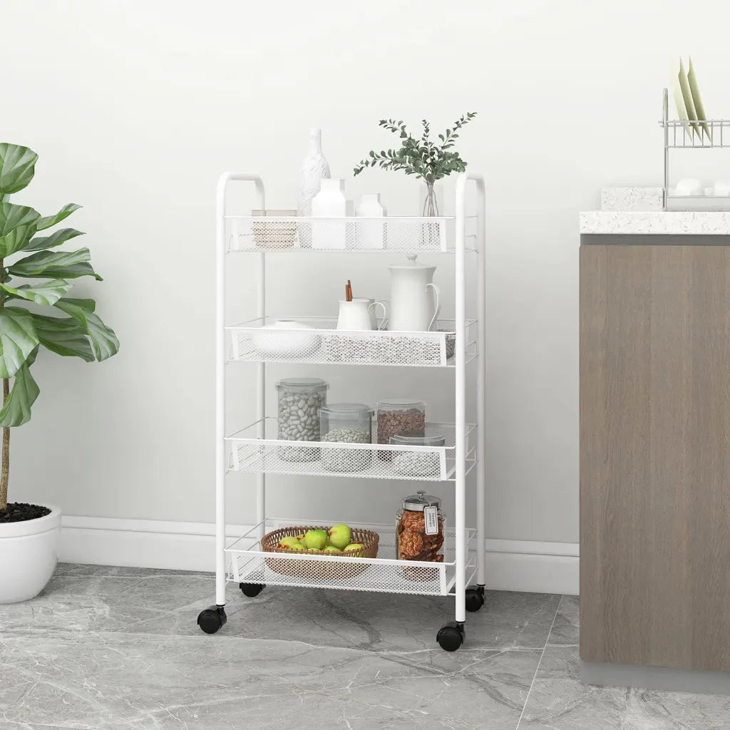 Carrello da Cucina con 4 Ripiani-Scaffale per Cucina Bianco 46x26x64 cm in Ferro