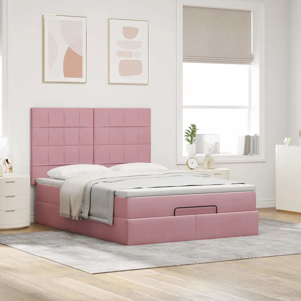 Struttura Letto Pouf con Materassi Rosa 140x190 cm in Velluto