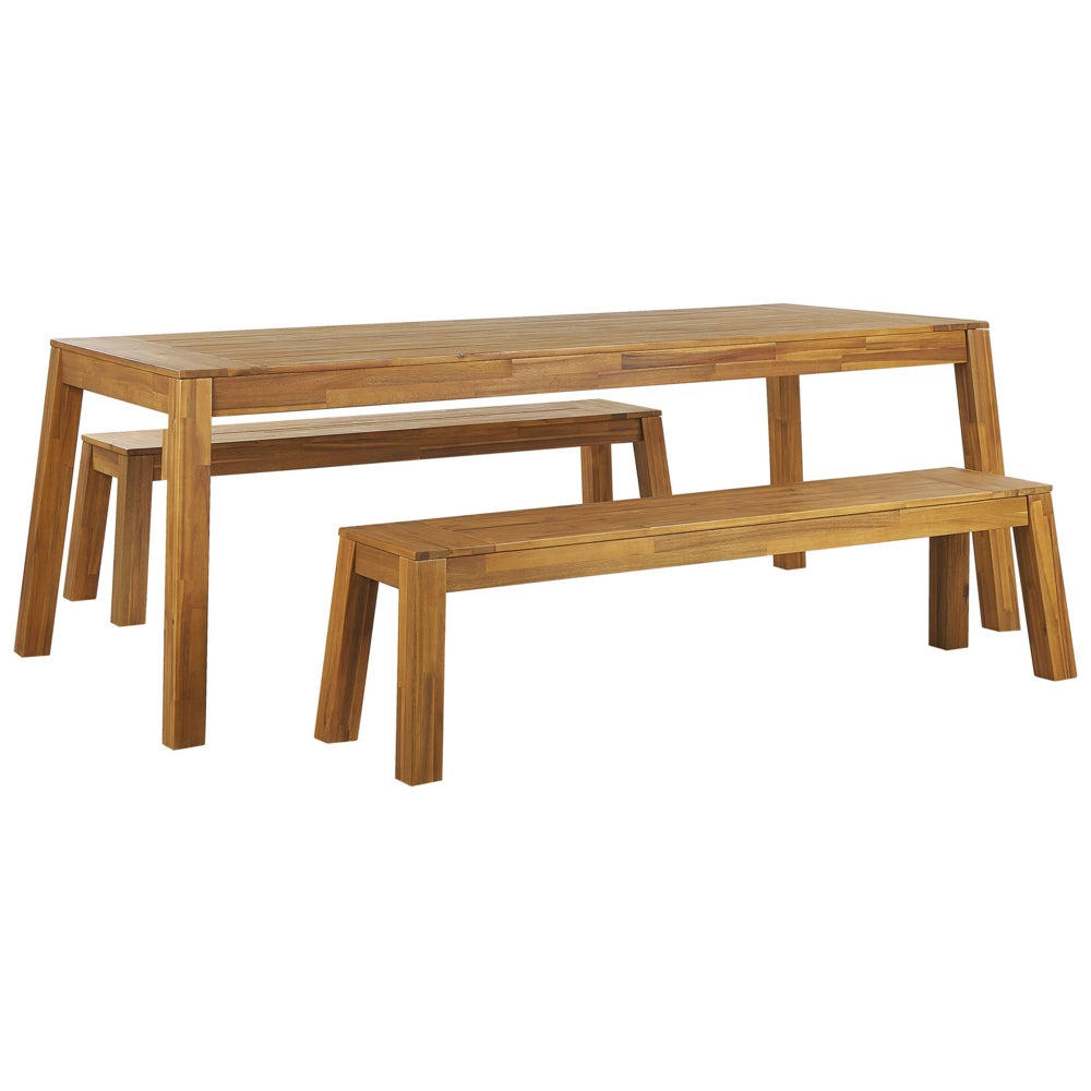 Set da pranzo da giardino 3 pezzi Tavolo rettangolare in legno di acacia laminato 2 panche Design rustico per interni ed esterni