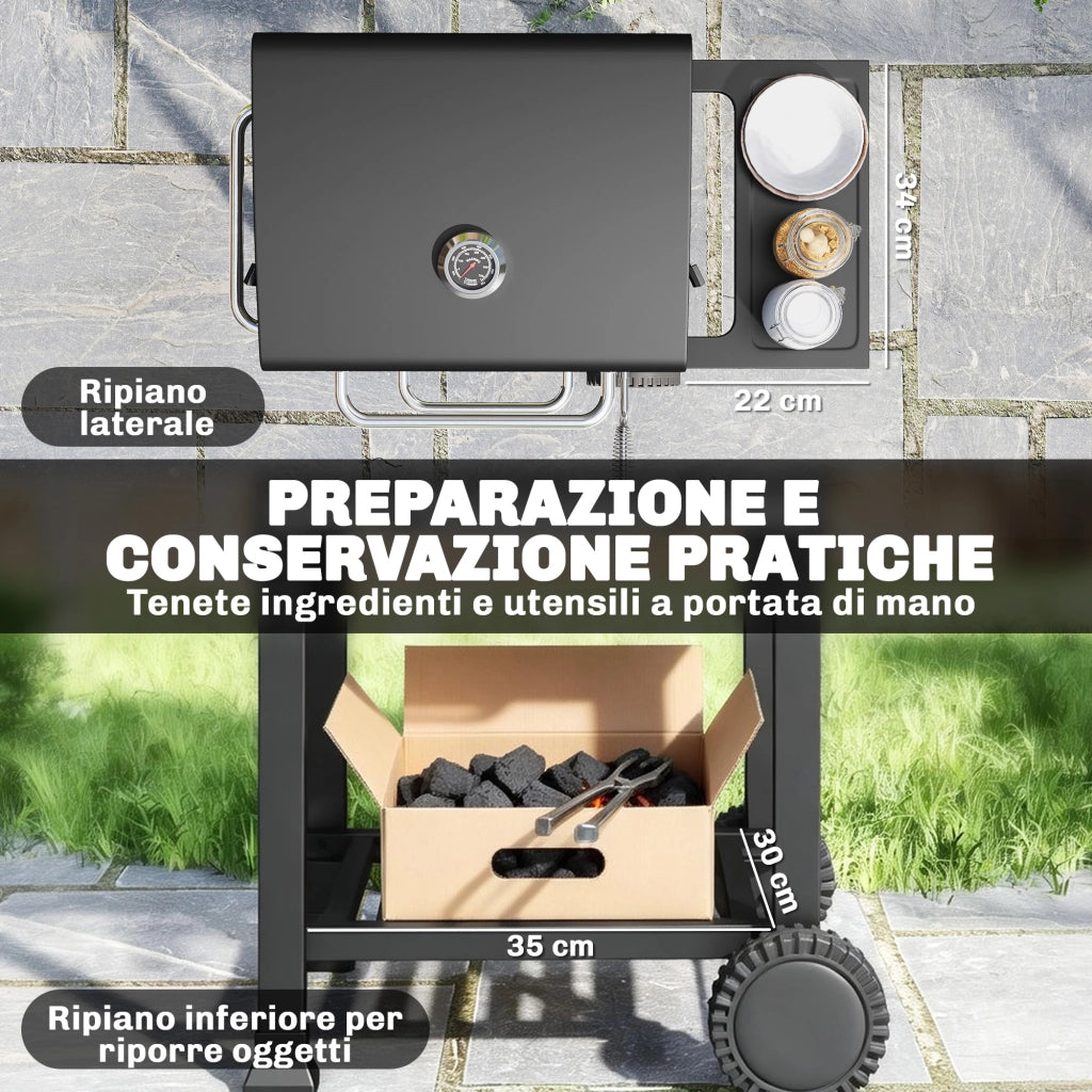 Barbecue a Carbone con Termometro per Patio e Giardino, Nero