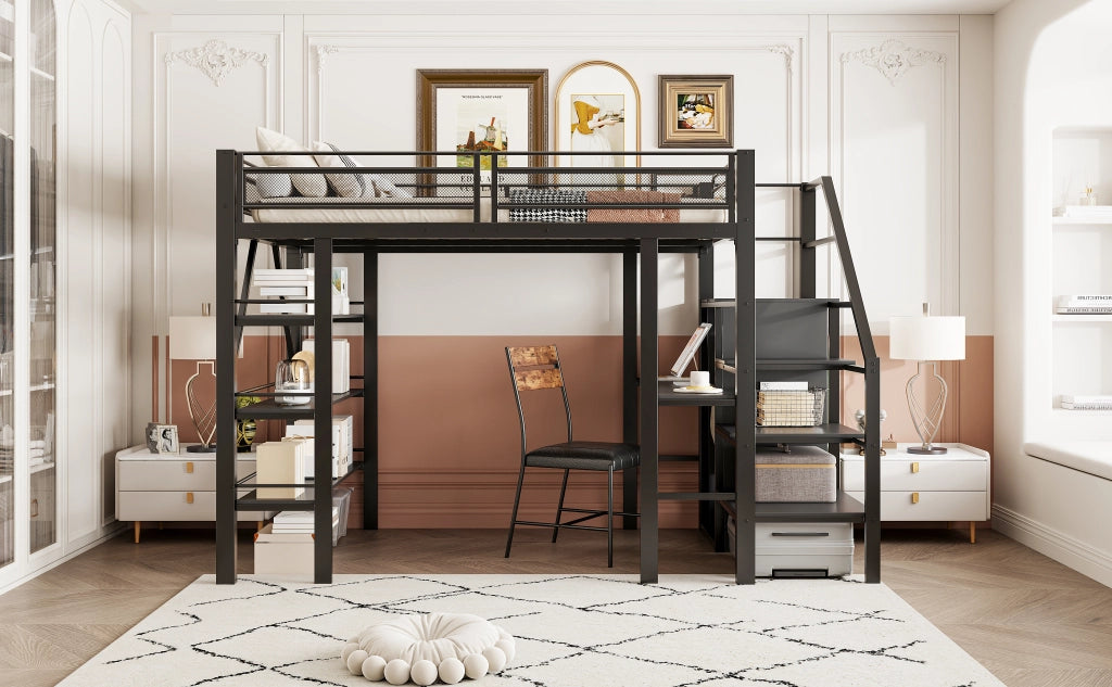 Letto alto in metallo nero con scrivania armadio e scaffali a tre livelli 140x200 cm