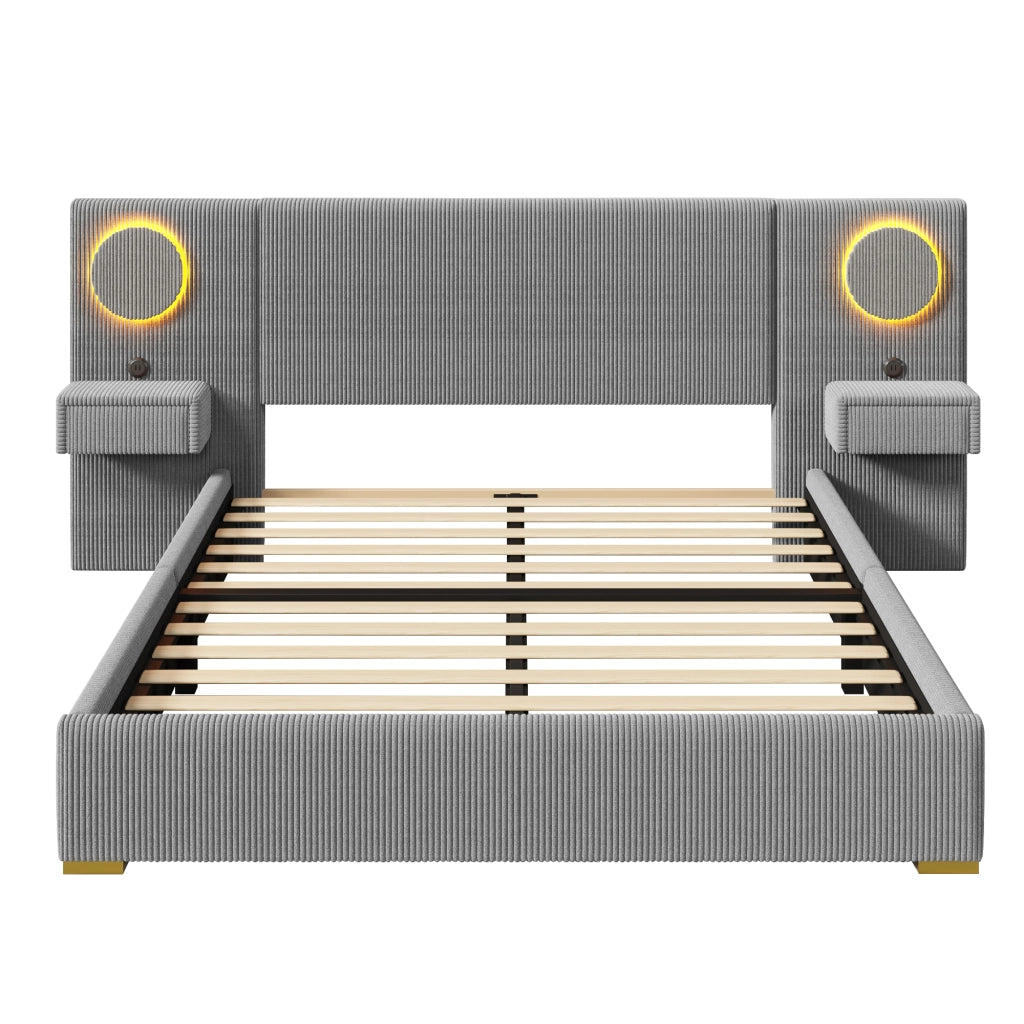Letto imbottito 180 × 200 cm con testiera LED, USB e cassetti laterali, senza materasso, in velluto, grigio