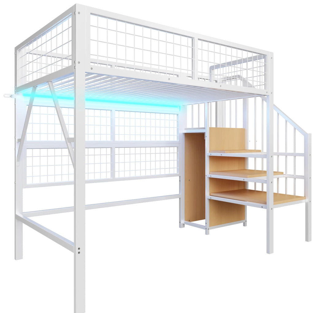 Letto a soppalco in metallo 90x200 con scala contenitore e LED smart