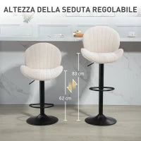 Set 2 Sgabelli da Bar a Conchiglia con Poggiapiedi, in Tessuto Effetto Ciniglia, 48x50x94-115 cm, Nero e Beige