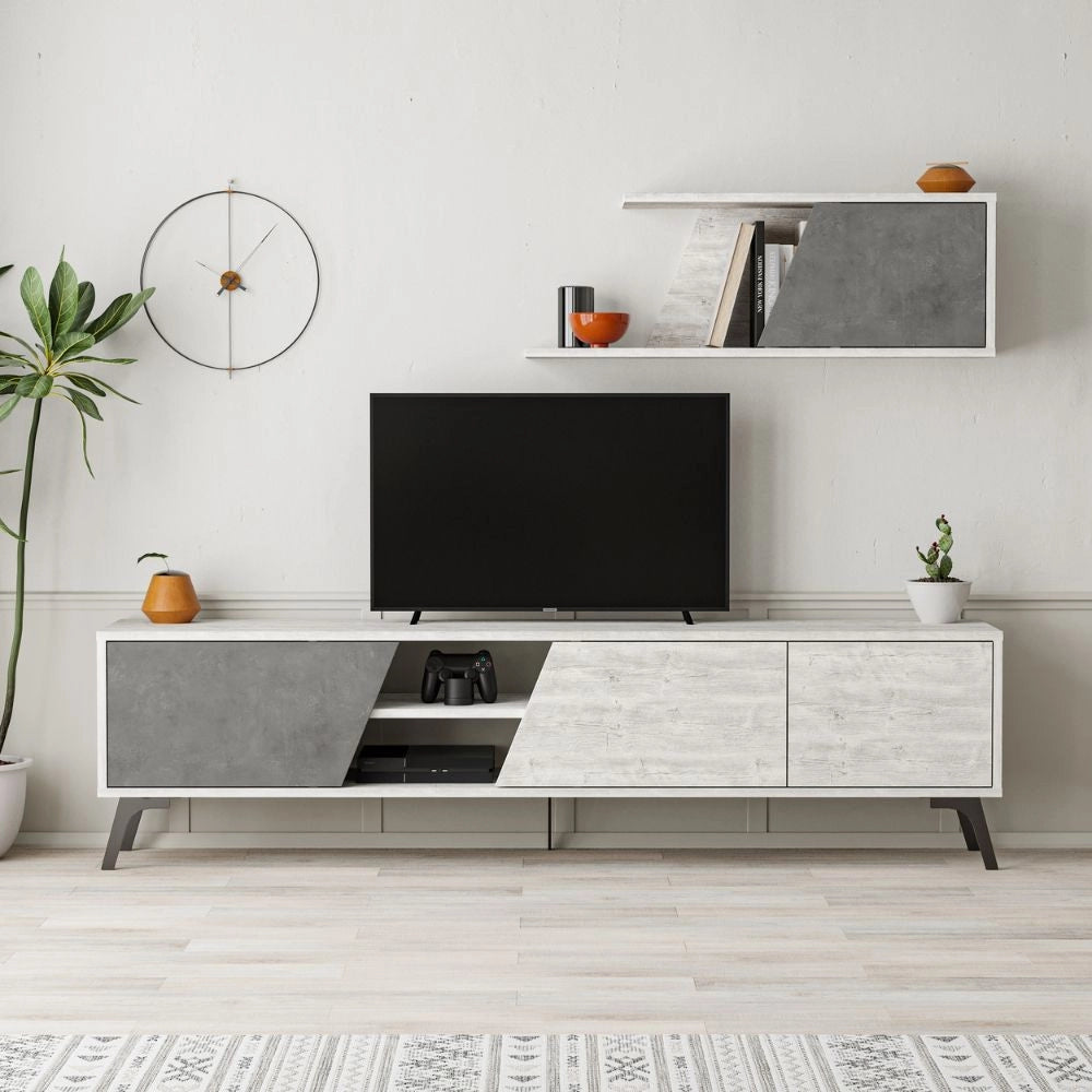 (3c) Porta TV Fiona Bianco Vintage con Anta Retro Grey e Mensola H 48 x P 35,60 x L 180 cm