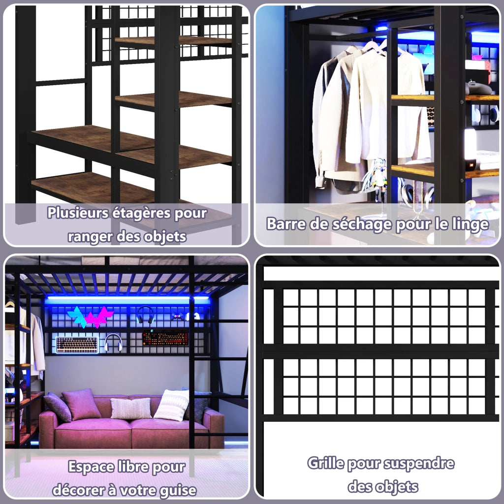 Letto a soppalco matrimoniale 140×200 cm con LED regolabile; ripiano; rete portaoggetti e appendiabiti; senza materasso