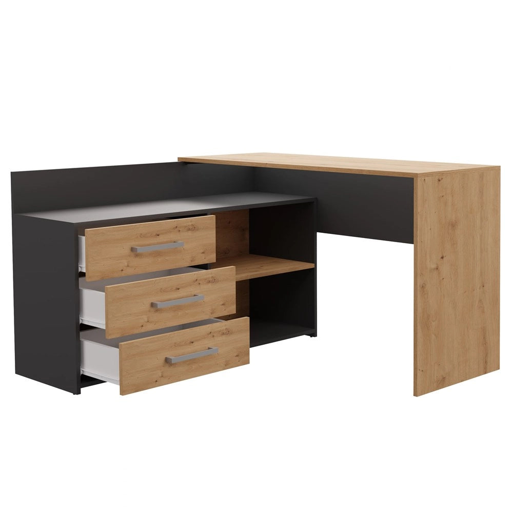 Set scrivania DANY angolare antracite e rovere artisan + poltrona REMUS bianco