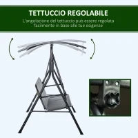Dondolo 3 Posti con Tettuccio Inclinabile e Cuscini, in Acciaio e Poliestere, 172x110x153 cm, Grigio