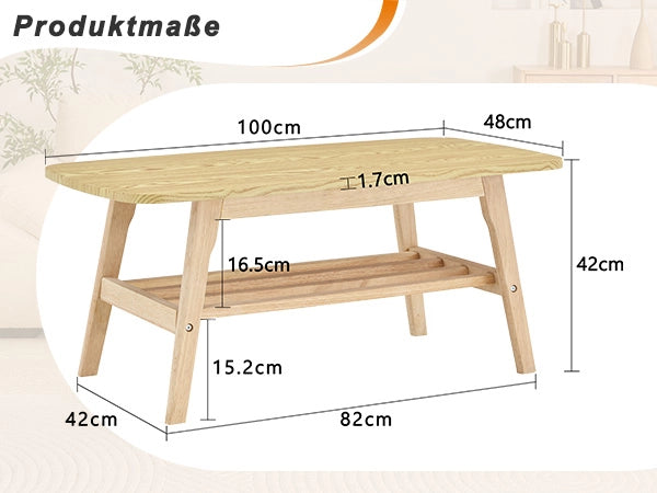 Tavolino basso con 2 ripiani contenitore e base in legno massiccio per soggiorno stile moderno 110 × 58 × 19 cm