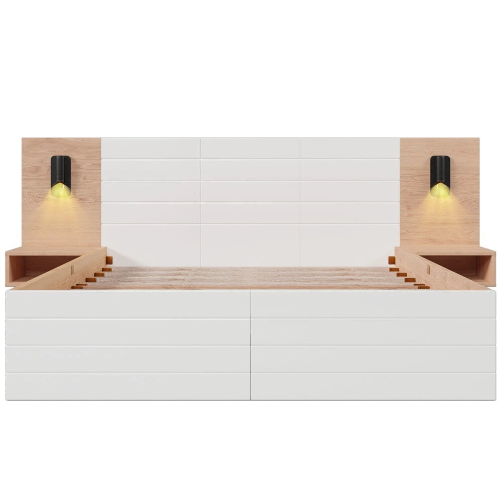 Letto Matrimoniale in Legno con Cassetti e Testiera LED USB ¨C MINIMAL ¨C Rovere/Bianco 160x200