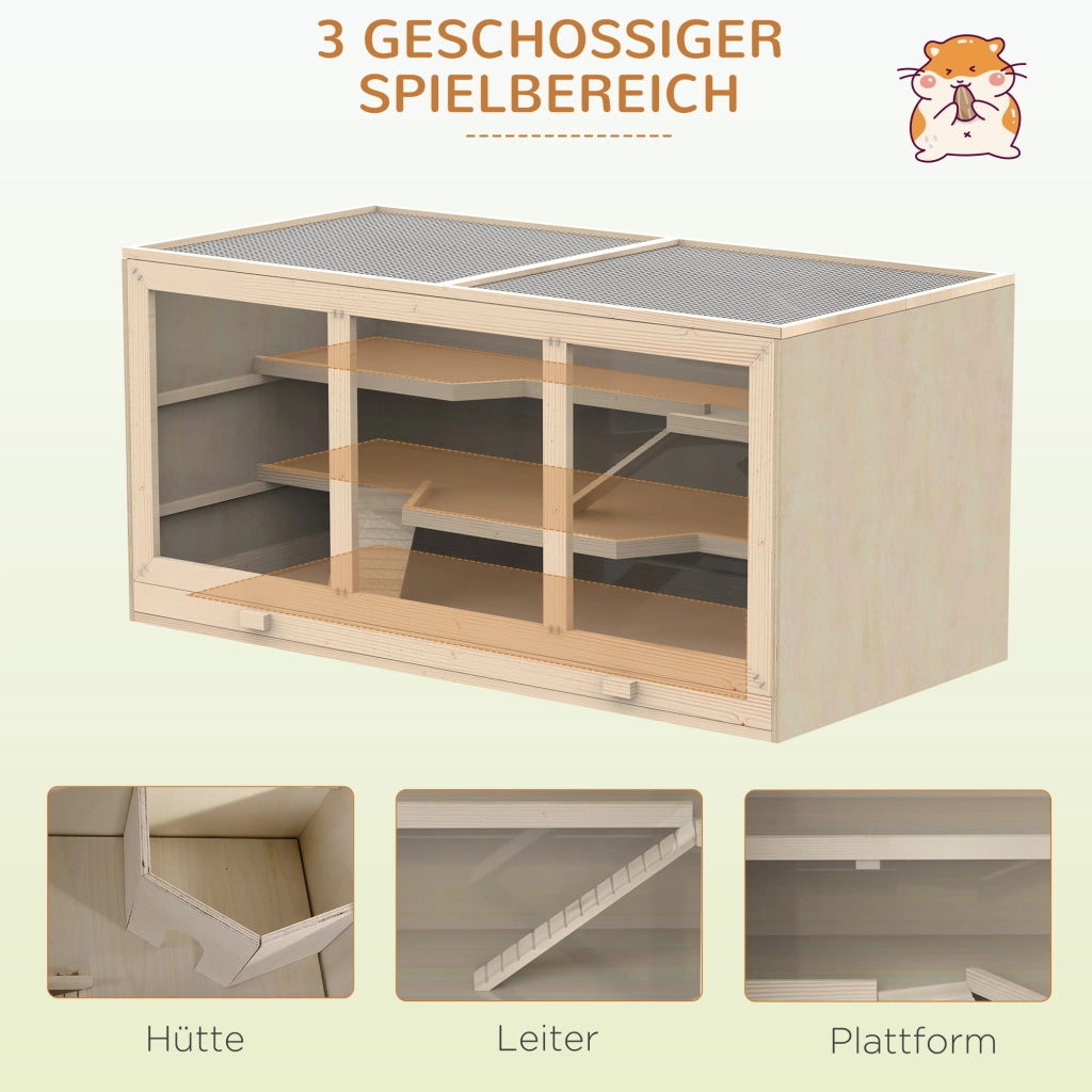 Gabbia per Criceti in Legno 3 Livelli con Scala e Ripiano ¨C zephmum ¨C 115x57x55 cm Naturale