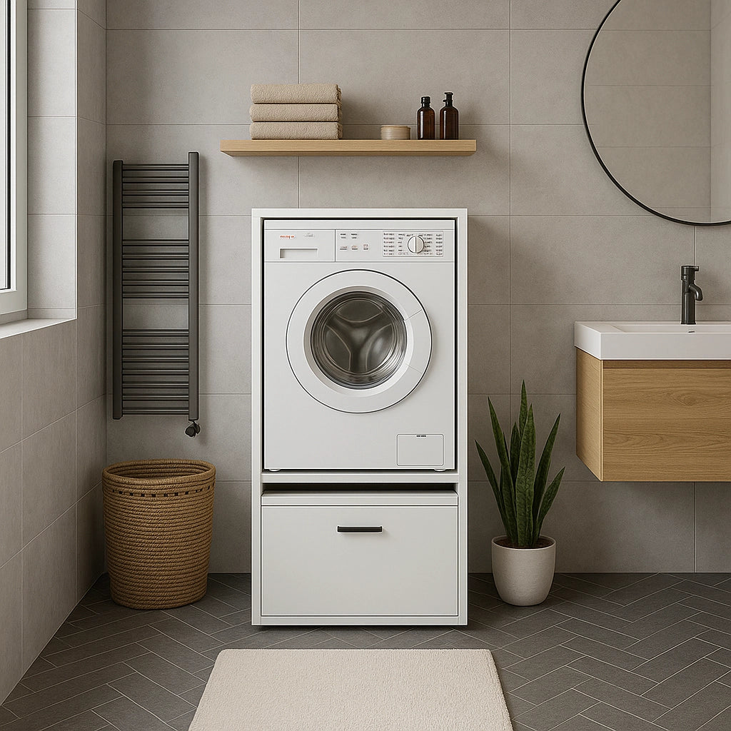 Mobile Per Lavatrice Asciugatrice Armadio Mobiletto Bagno Mobili Salvaspazio Con Cassetto E Mensola Allungabile Scaffale In Legno Armadietto Per Lavanderia Coprilavatrice 70 x 146 x 64 Cm Bianco