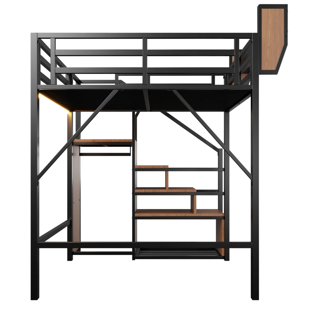Letto a soppalco in metallo 140 × 200 cm con scala; LED e ripiano regolabile; nero
