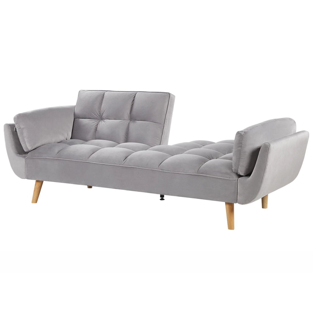 Divano Letto Tessuto Velluto Grigio Chiaro Gambe In Legno A 3 Posti Imbottitura In Schiuma Imbottitura Biscuit Schienale Diviso