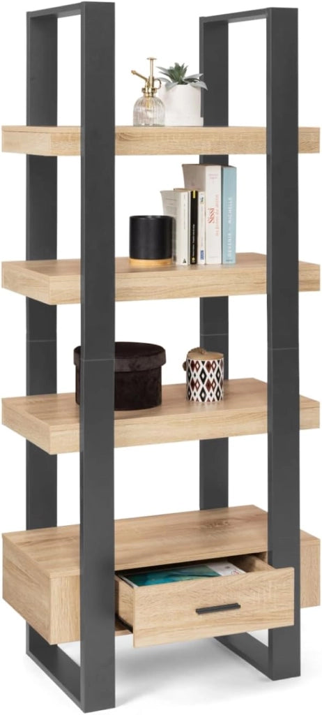 PHOENIX scaffale a 4 livelli in legno e nero con cassetto